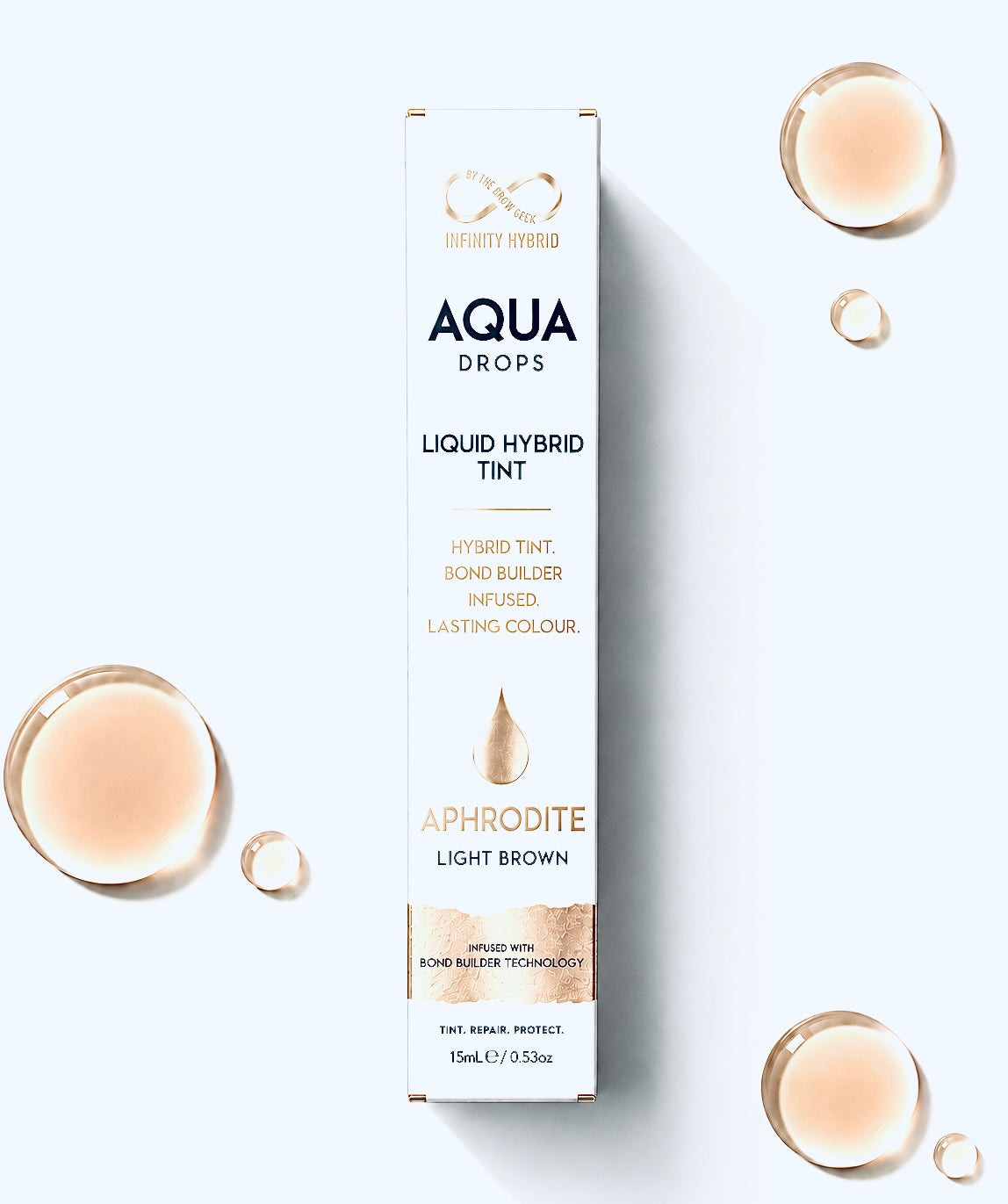 Aqua Drops® Aphrodite light brown hybrid brow dye, liquid brow tint 15ml box with light brown swatch droplets, Infinity by The Brow Geek