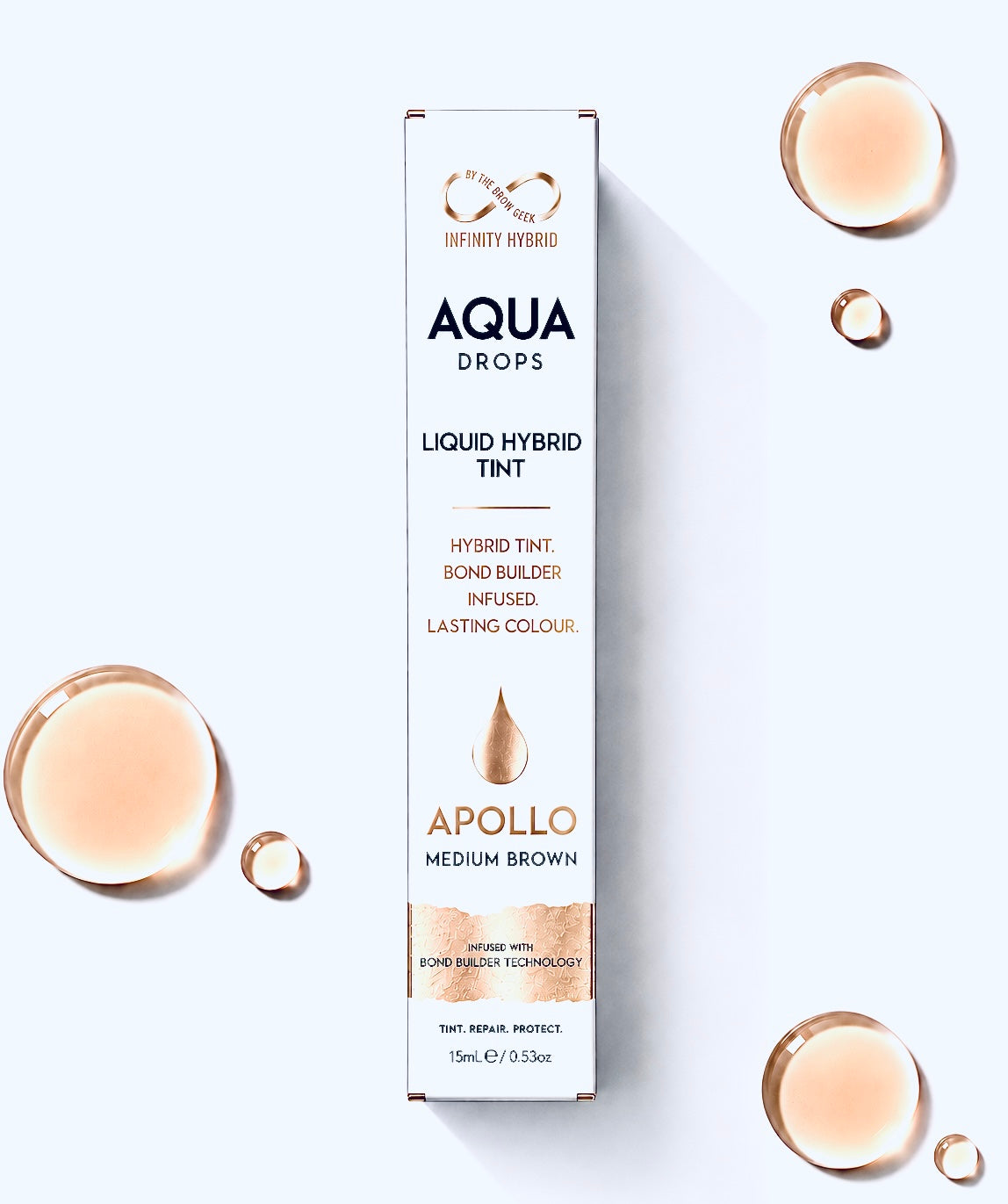 Aqua Drops® Apollo medium brown hybrid brow dye, liquid brow tint 15ml box with medium brown swatch droplets, Infinity by The Brow Geek