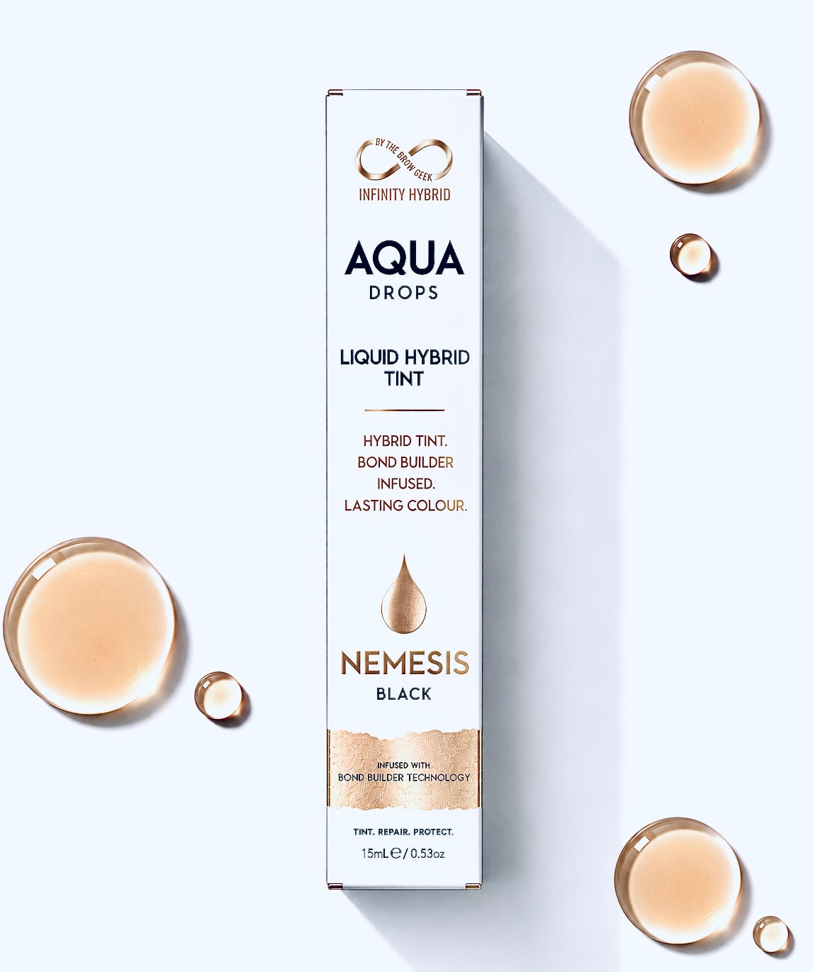 Aqua Drops® Nemesis black hybrid brow dye, liquid brow tint 15ml box with black swatch droplets, Infinity by The Brow Geek