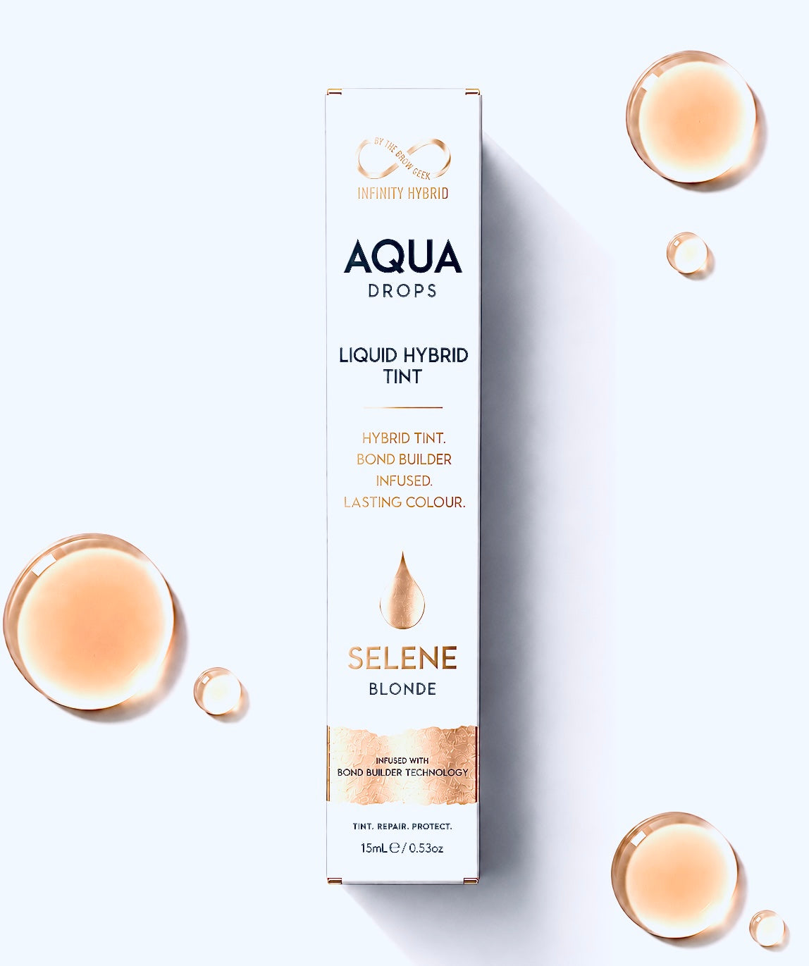 Aqua Drops® Selene blonde hybrid brow dye, liquid brow tint 15ml box with blonde swatch droplets, Infinity by The Brow Geek