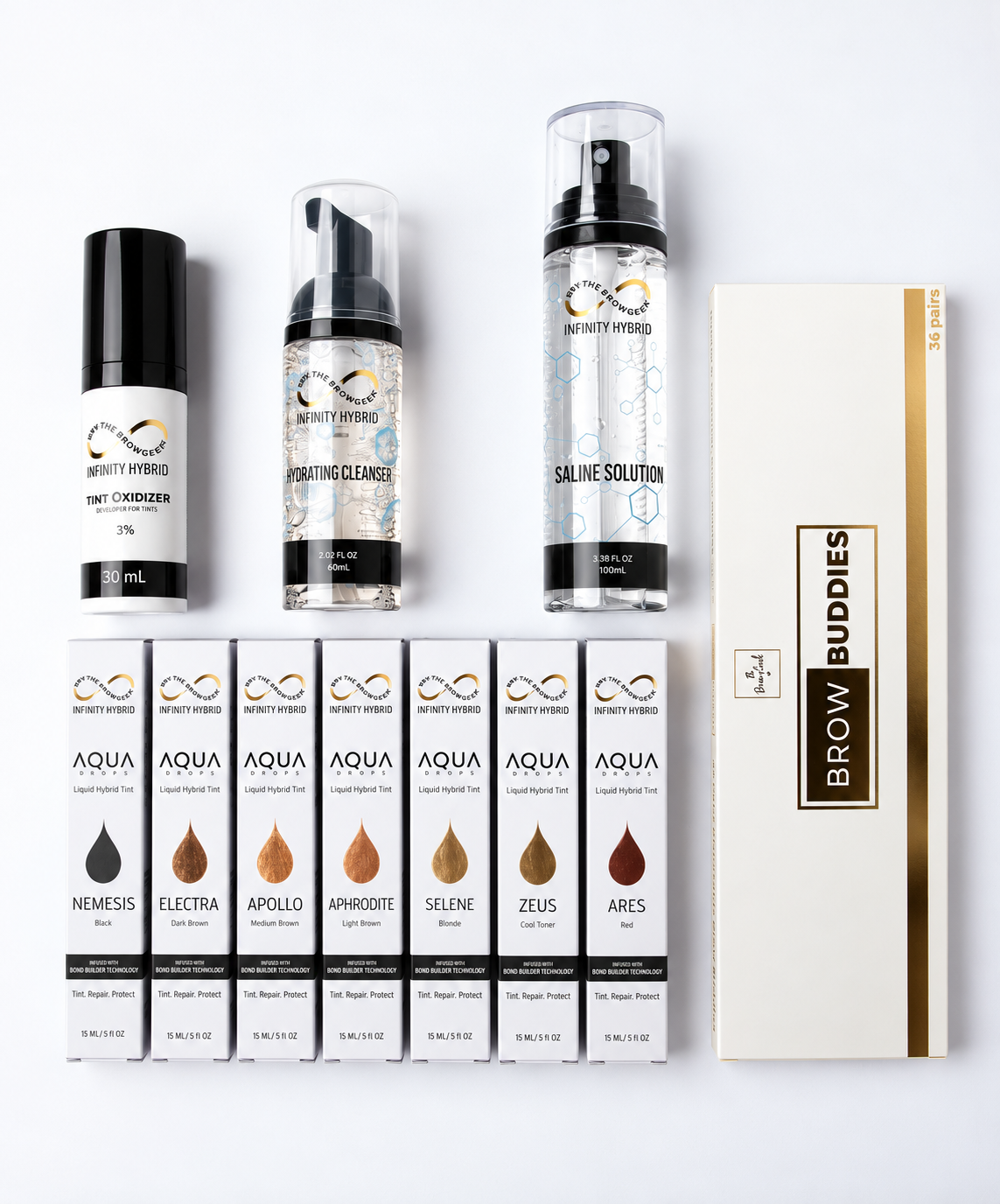 Infinity Airbrush Brow Kit: 7 Aqua Drops® hybrid brow dye shades, tint oxidizer, hydrating brow cleanser, saline and Brow Buddies airbrush stencils, Infinity by The Brow Geek