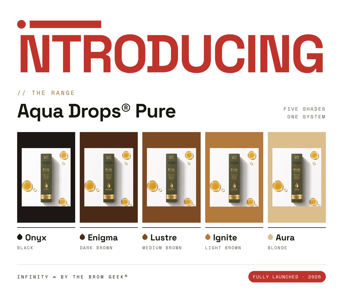 The five Aqua Drops Pure PPD-free brow stain shades: Onyx, Enigma, Lustre, Ignite and Aura