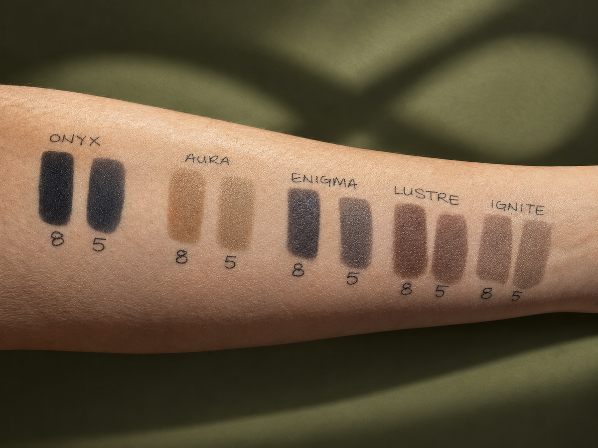 Aqua Drops® Pure skin swatches of all five PPD-free brow tint shades, Onyx, Aura, Enigma, Lustre and Ignite, at 8 and 5 minutes