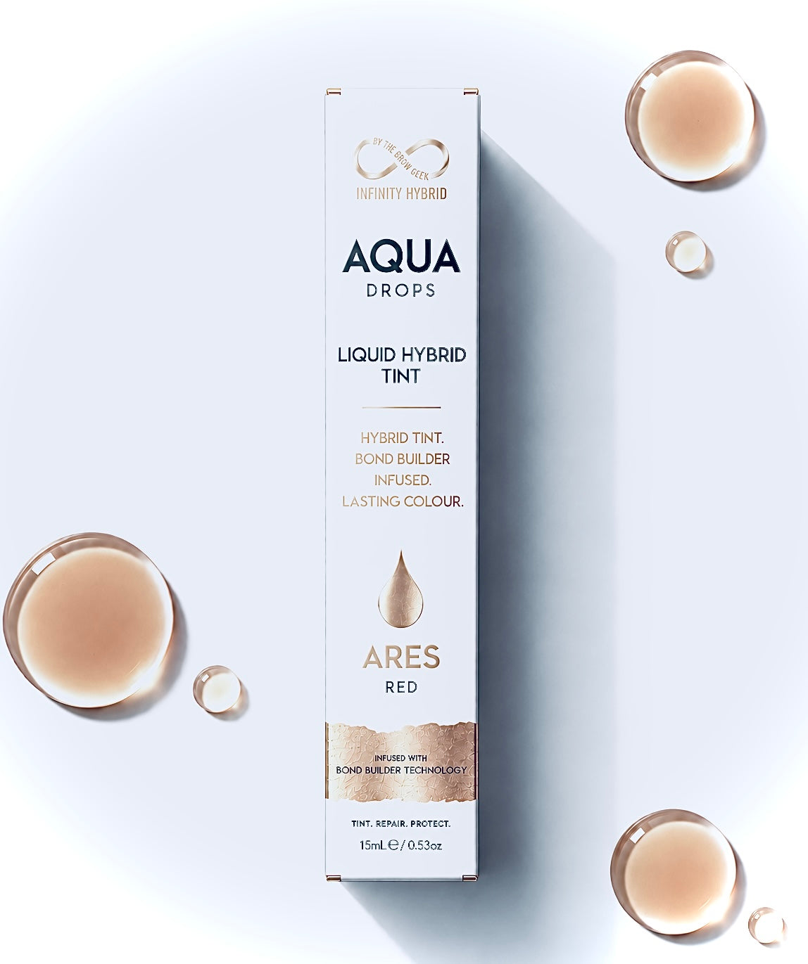 Aqua Drops® Ares red hybrid brow dye, liquid brow tint 15ml box with red swatch droplets, Infinity by The Brow Geek