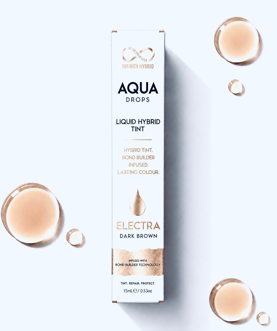 Aqua Drops® Electra dark brown hybrid brow dye, liquid brow tint 15ml box with dark brown swatch droplets, Infinity by The Brow Geek