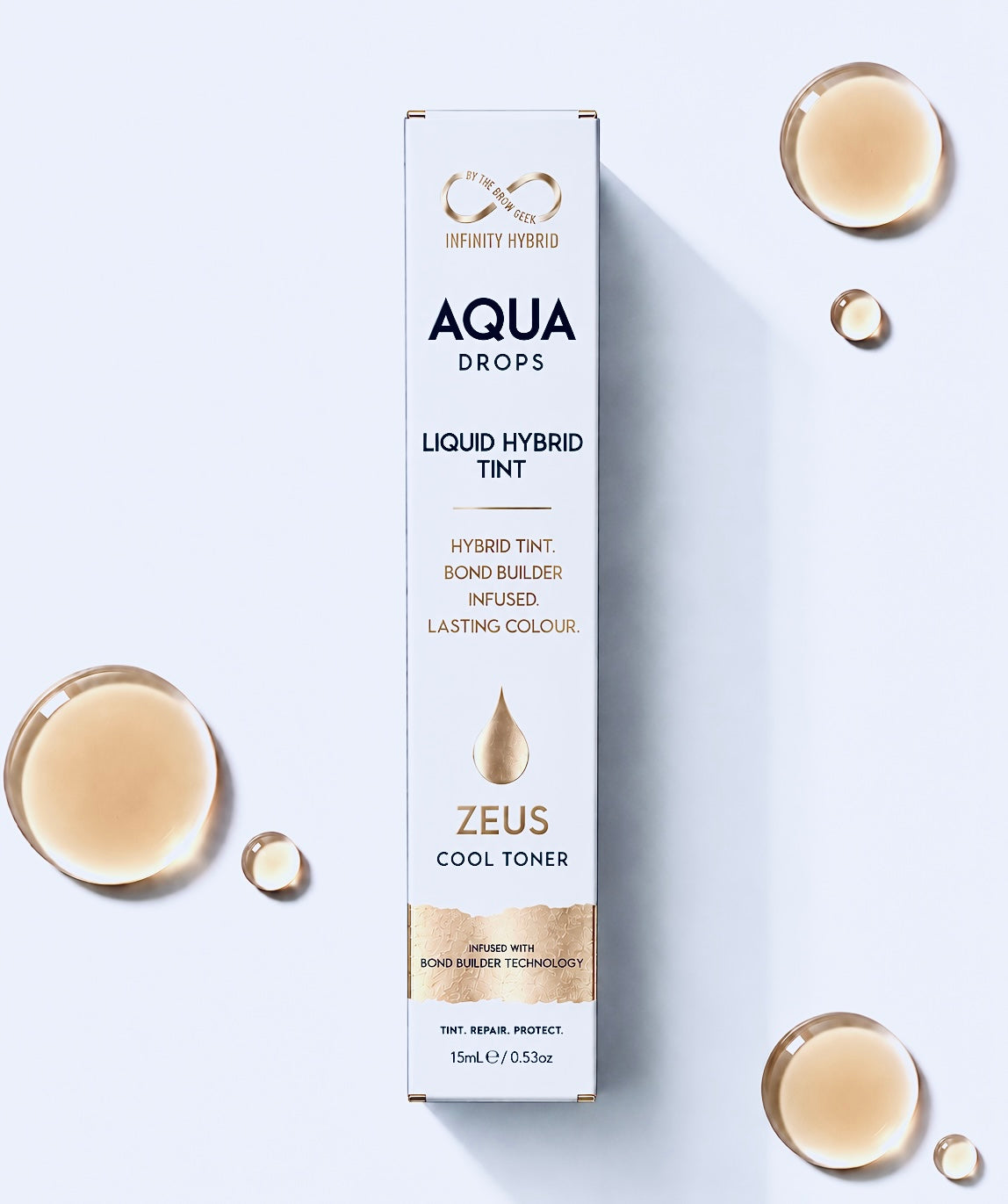 Aqua Drops® Zeus cool toner hybrid brow dye, liquid brow tint 15ml box with cool toner swatch droplets, Infinity by The Brow Geek