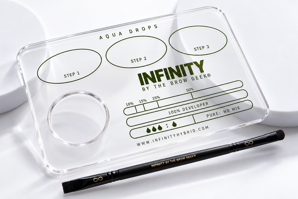 Infinity by The Brow Geek Lift & Tint brow mixing palette with Aqua Drops® step wells and developer ratio guide, with buff and blend brow brush