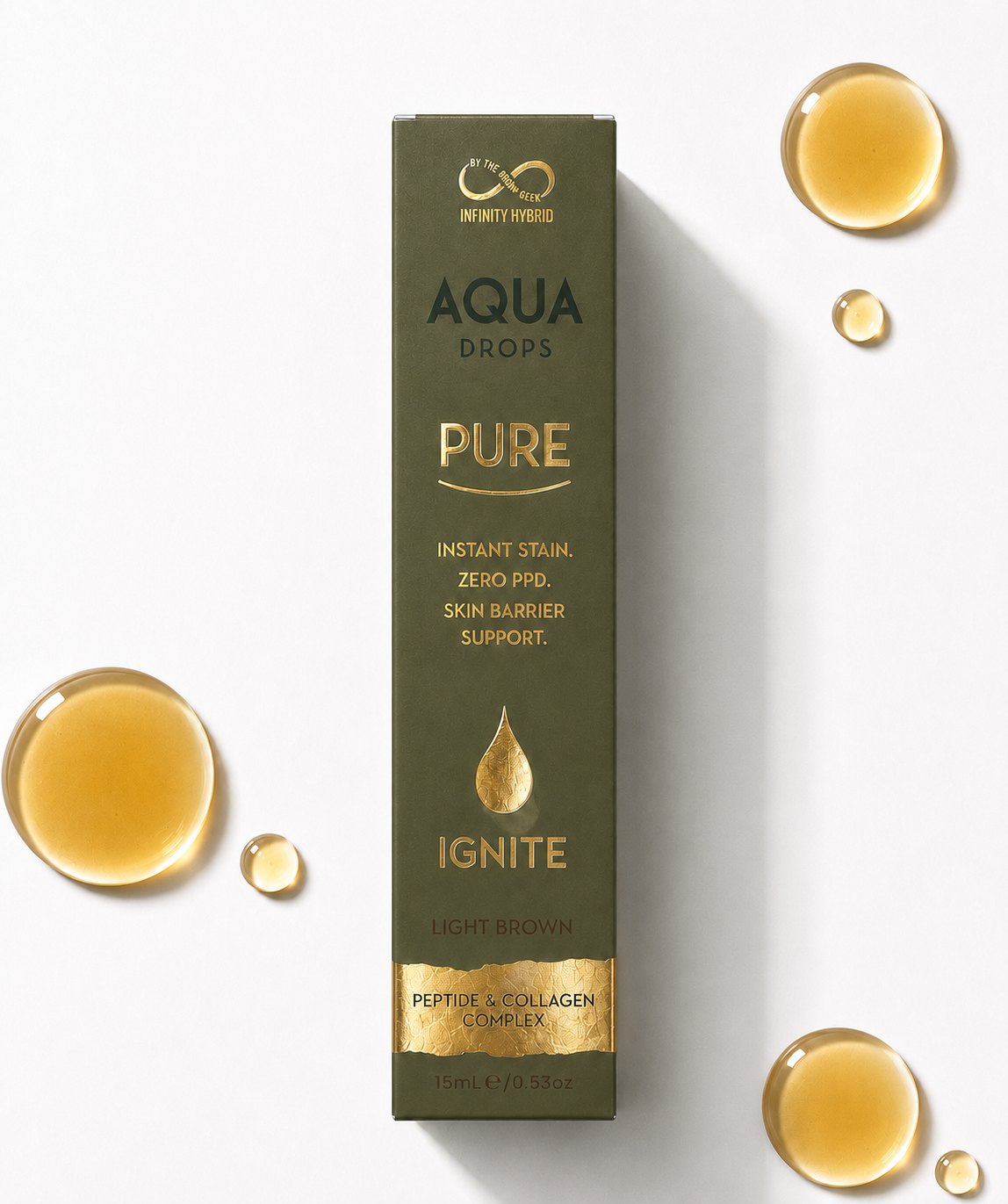 Aqua Drops Pure Ignite PPD-free liquid brow tint box, light brown shade